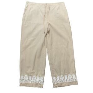 Talbots Linen Cotton Blend Pants Cropped Beige Pockets Embroidered Women's 10